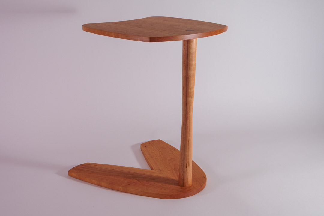 Movie Night — three-quarter view of figured cherry pedestal side table